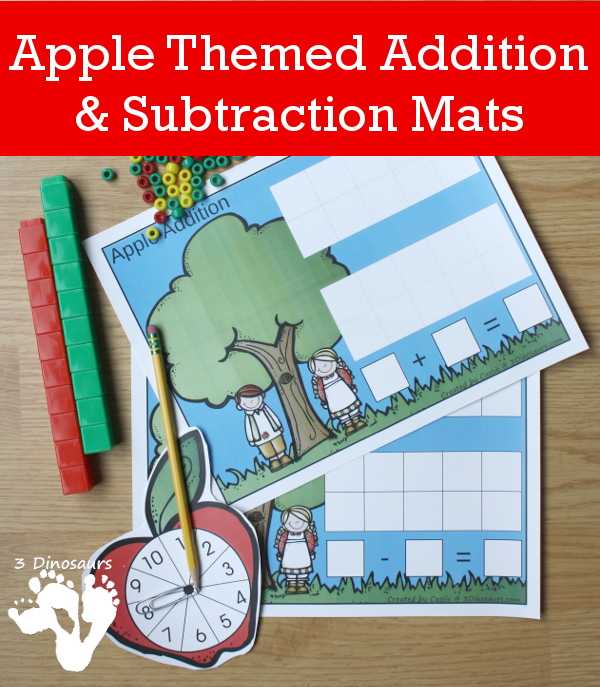 Free Apple Themed Addition & Subtraction Mats: adding or subtracting using numbers 1 to 10 - 3Dinosaurs.com