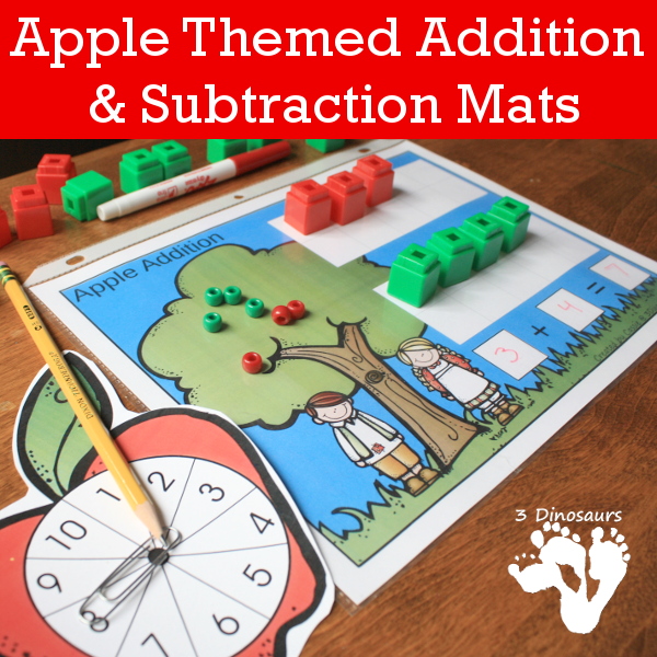 Free Apple Themed Addition & Subtraction Mats: adding or subtracting using numbers 1 to 10 - 3Dinosaurs.com