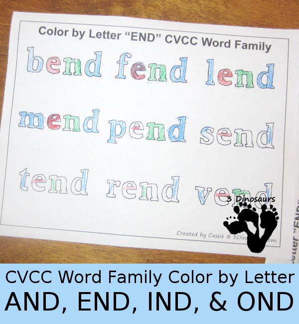 Free CVCC Word Family Color by Letter: -AND, -END, -IND, & -OND - 3Dinosaurs.com