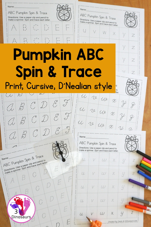 FREE ABC Pumpkin Spin & Trace uppercase or lowercase with 3 font options: print, cursive, D´Nealian style - You have uppercase and lowercase letter options - 3Dinosaurs.com