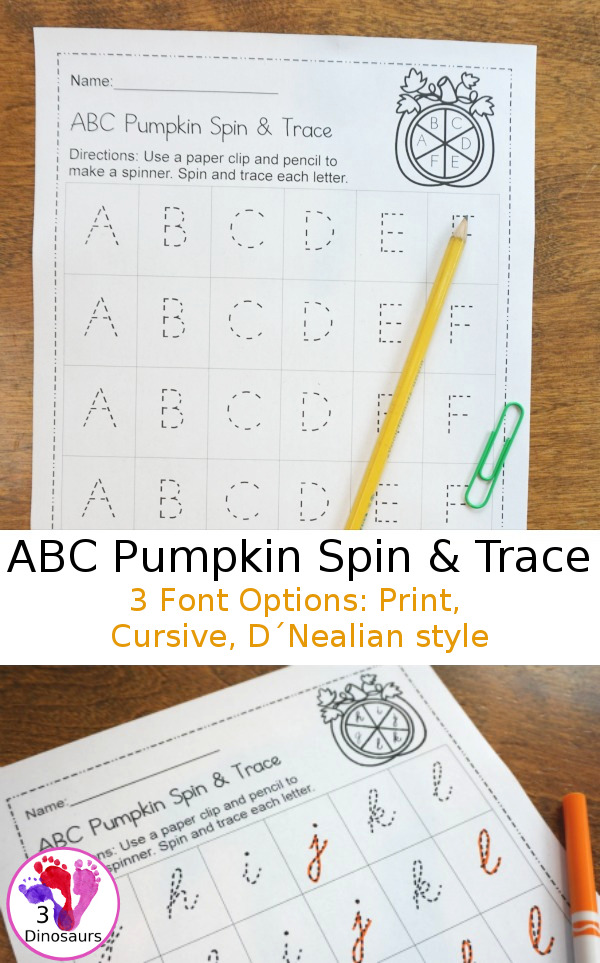 FREE ABC Pumpkin Spin & Trace uppercase or lowercase with 3 font options: print, cursive, D´Nealian style - 3Dinosaurs.com