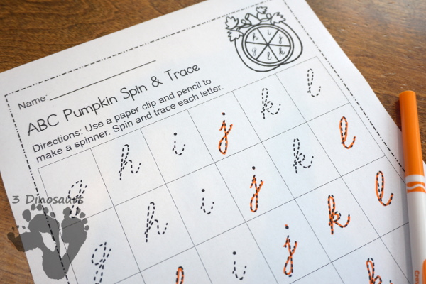 FREE ABC Pumpkin Spin & Trace uppercase or lowercase with 3 font options: print, cursive, D´Nealian style - 3Dinosaurs.com