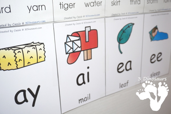 Easy To Use Vowel Team Wall Cards - a free set and a selling set options for the cards - 3Dinosaurs.com