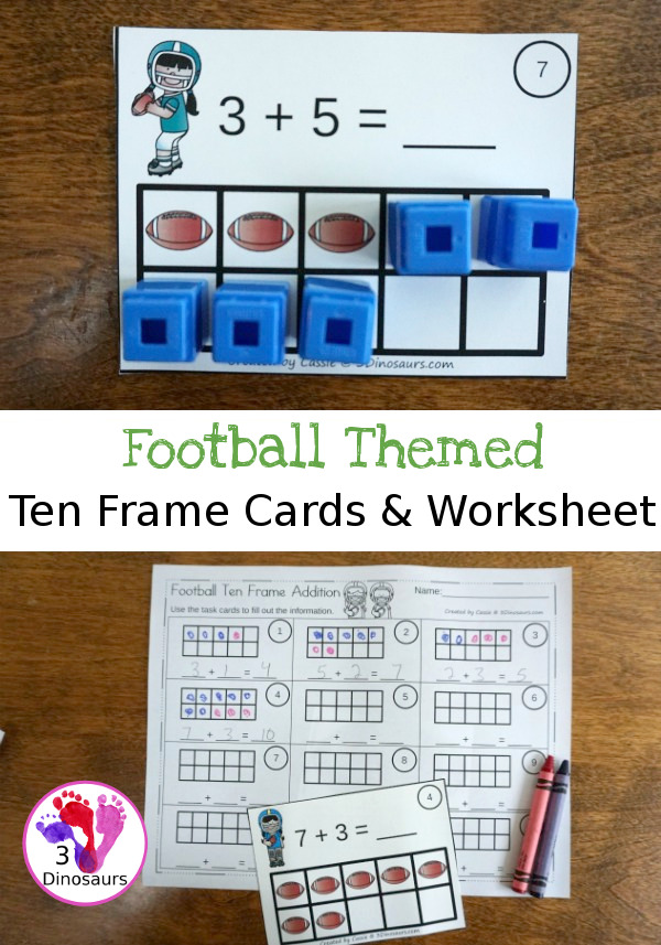 Free Football Ten Frame Addition Cards - 12 cards with recording sheet with two styles of cards - 3Dinosaurs.com