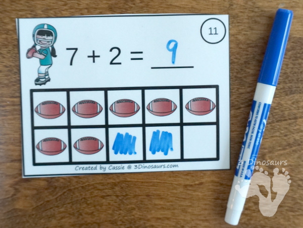 Free Football Ten Frame Addition Cards - 12 cards with recording sheet with two styles of cards - 3Dinosaurs.com