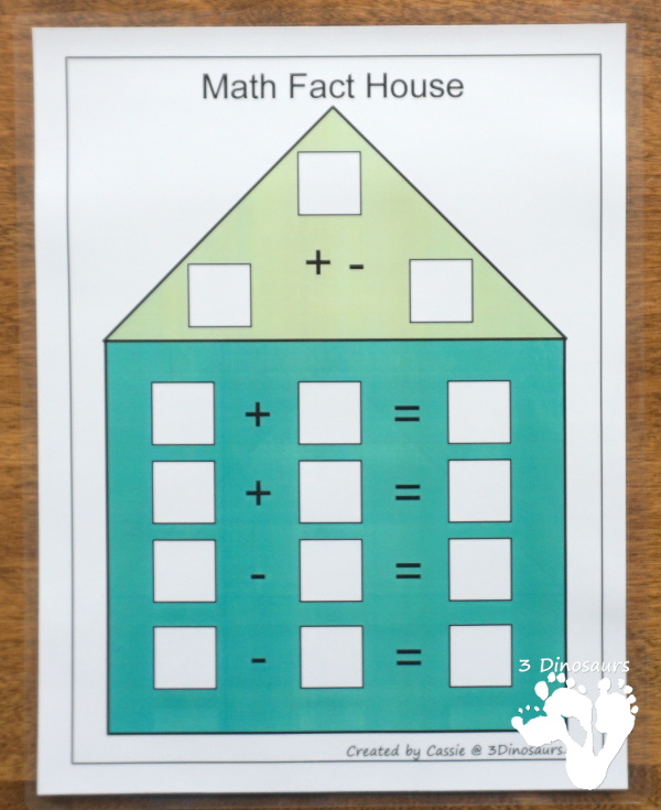 Free Math Fact House Addition & Subtraction - 8 houses with equations in two directions to help those that needs to see the equal sign on either side - 3 Dinosaurs
