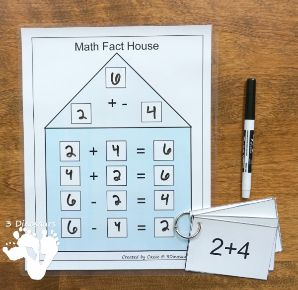 Free Math Fact House Addition & Subtraction - 8 houses with equations in two directions to help those that needs to see the equal sign on either side - 3 Dinosaurs