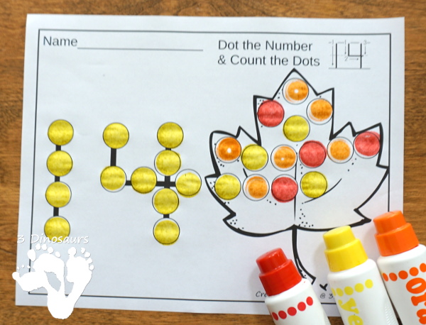 Fall Themed Dot the Number & Count the Dot: Apples, Pumpkins & Leaves - numbers 0 to 20 with dot marker activities for kids to work on numbers and counting with fall themes - 3Dinosaurs.com