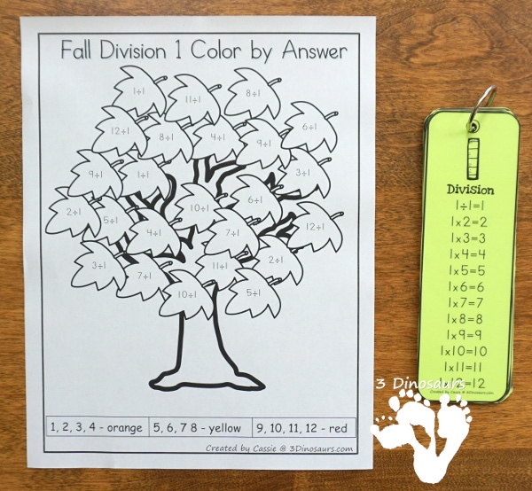 Free Fall Leaves Color by Division - work on division from 1 to 12 with this no-prep printable with a fun fall leaves theme - 3Dinosaurs.com