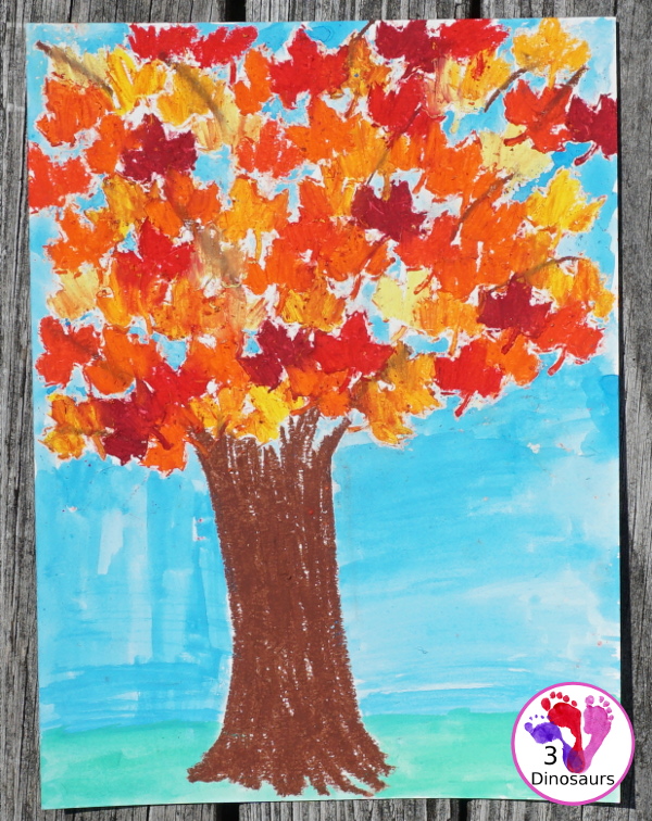 Fall Tree: Watercolor & Oil Pastels - a fun fall tree with blending of oil pastels and watercolors - 3Dinosaurs.com