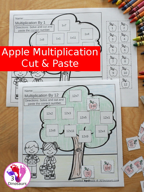 Free Apple Multiplication Cut & Paste - numbers 1 to 12 with 12 pages of printables for kids to work on matching multiplication - an easy to use multiplication worksheet. - 3Dinosaurs.com