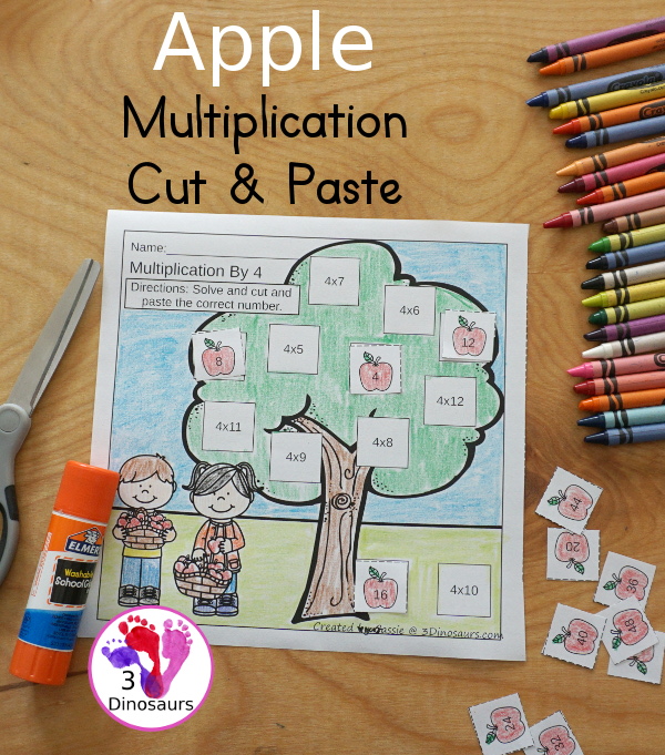 Free Apple Multiplication Cut & Paste - numbers 1 to 12 with 12 pages of printables for kids to work on matching multiplication - 3Dinosaurs.com