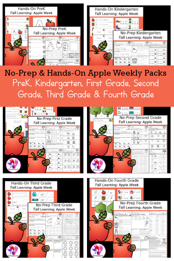 No-Prep & Hands-On Apple Themed Weekly Packs for PreK, Kindergarten, First Grade, Second Grade, Third Grade & Fourth Grade with 5 days of activities to do for each grade level - 3Dinosaurs.com