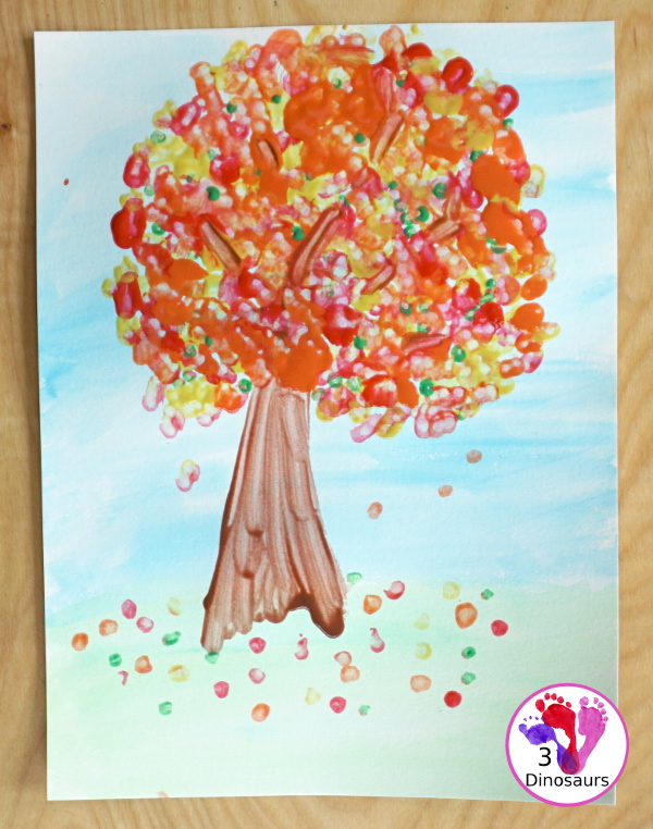 Fall Tree Watercolor and Q-Tip Painting - a mixed art painting project for kids to do for a fall tree.  - 3Dinosaurs.com