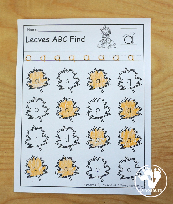 Easy No-Prep Leaves Find - easy no-prep printables with a fun leaves theme 52 pages with uppercase and lowercase $ - 3Dinosaurs.com #3dinosaurs #nopreprintable  #ABCs #prek #kindergarten
