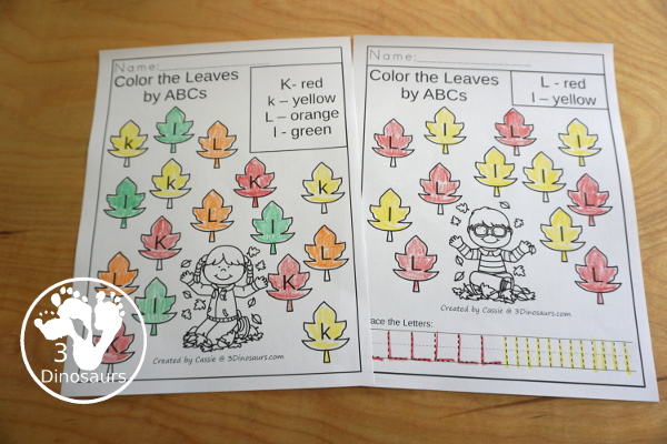 Leaf Activities Pack: No-Prep ABC Letter Coloring Pages- with all 26 letters of the alphabet with two types of pages with mix of letter to find and color or single letter per page with uppercase and lowercase letters - 3Dinosaurs.com