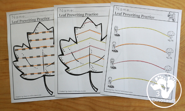 Leaf Activities Pack: Leaf Themed Prewriting Printables - three types of prewriting pages for kids to use with a leaf theme - 3Dinosaurs.com