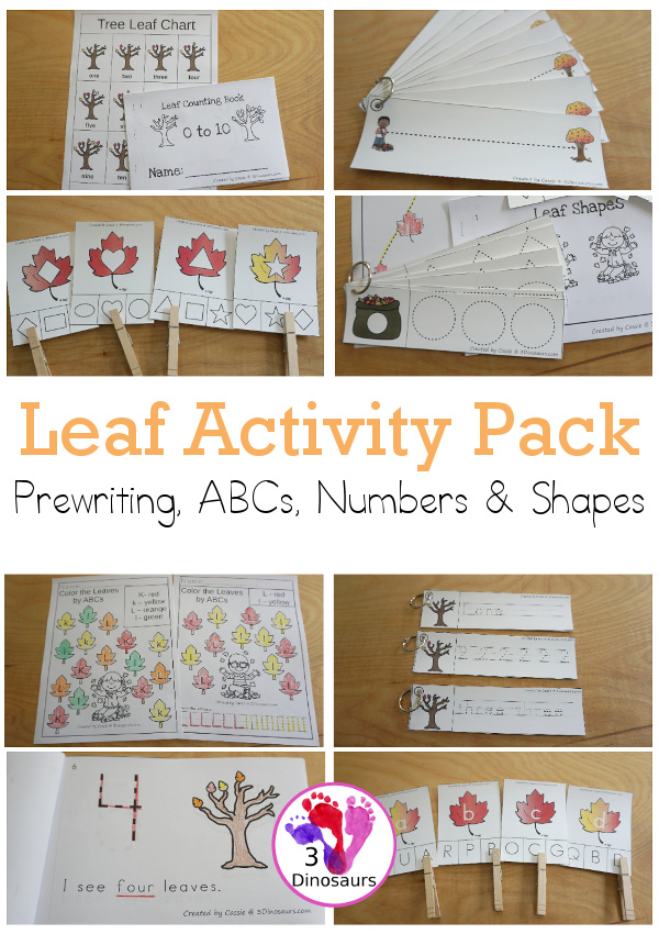 Leaf Activities Pack:  Prewriting Shapes, ABCs & Numbers with no-prep pages, easy reader books, clip cards and tracing strips.- 3Dinosaurs.com