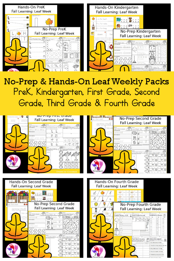 No-Prep and Hands-On Leaf Weekly Packs for PreK, Kindergarten, First Grade, Second Grade, Third Grade & Fourth Grade with 5 days of activities to do for each grade level - 3Dinosaurs.com