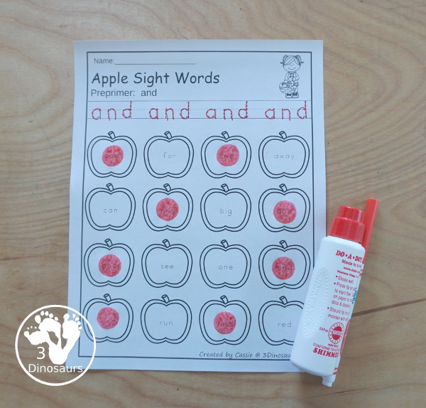 Apple Sight Word Activities: Finds with all 220 dolch sight words with trace the sight word and find the sight word - 3Dinosaurs.com