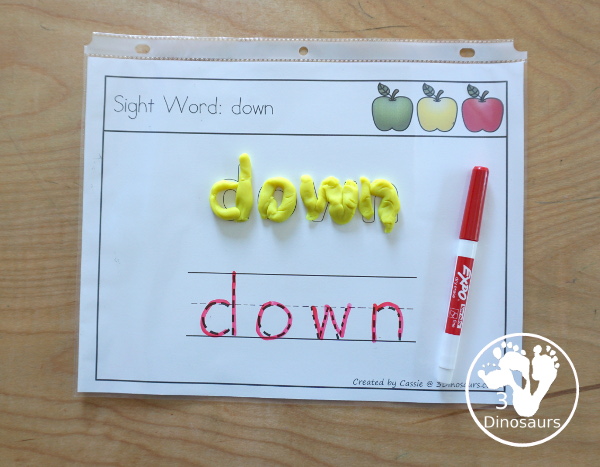 Apple Sight Word Activities: Playdough Mats - with playdough word and tracing of the sight word on one page -  loads of fun activities for kids to learn their sight words with a fall apple theme - 3Dinosaurs.com