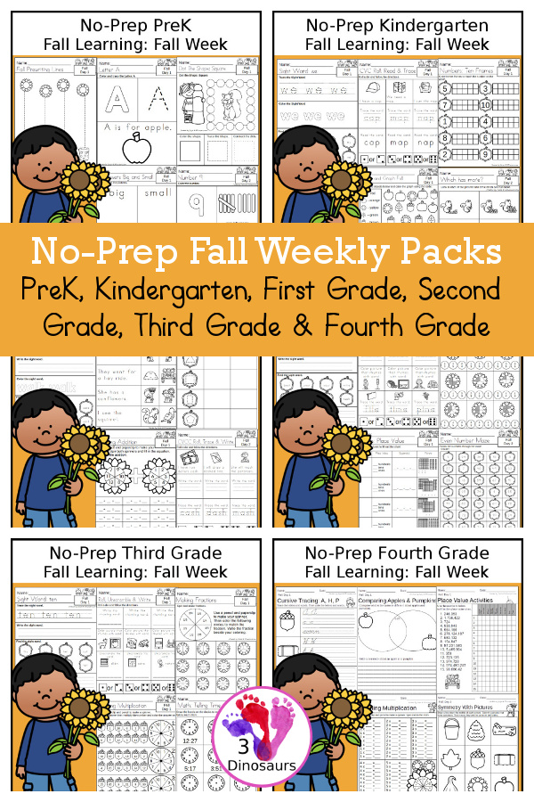 Fall No-Prep Weekly Packs PreK, Kindergarten, First Grade, Second Grade, Third Grade & Fourth Grade with 5 days of activities to do for each grade level With loads of general fall activities - You will find a mix of math, language, and more - These are easy to use packs for fall learning, homework, early finisher, and morning work. Easy no-prep printables for kids with four pages for each day - 3Dinosaurs.com