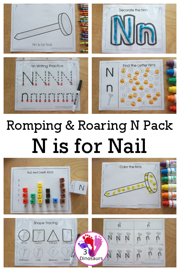 Romping & Roaring N Pack: Letter N is for Nail  - a letter N pack that has prewriting, finding letters, tracing letters, coloring pages, shapes, puzzles and more - 3Dinosaurs.com