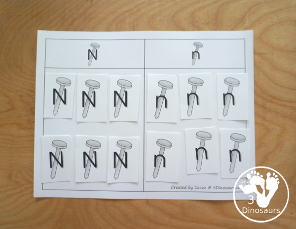 Romping & Roaring N Pack: Letter N is for Nail  - a letter N pack that has prewriting, finding letters, tracing letters, coloring pages, shapes, puzzles and more - 3Dinosaurs.com