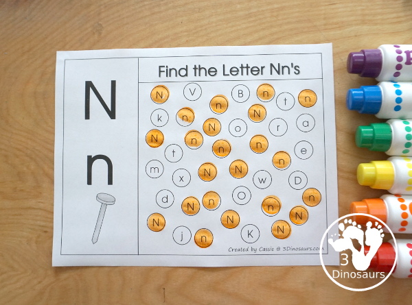 Romping & Roaring N Pack: Letter N is for Nail  - a letter N pack that has prewriting, finding letters, tracing letters, coloring pages, shapes, puzzles and more - 3Dinosaurs.com