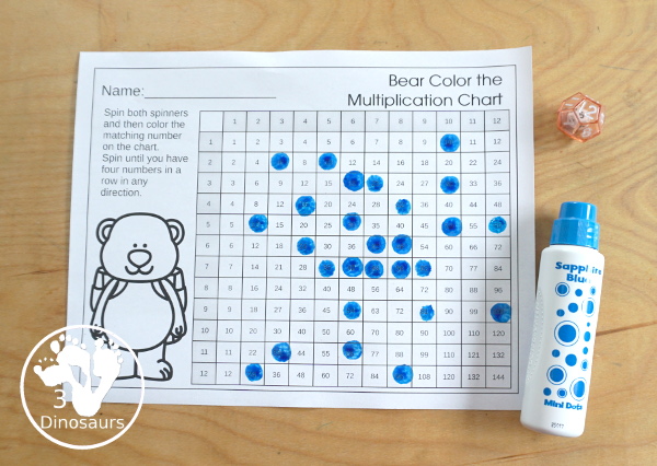 Free Bear Multiplication Chart Printable - with bear spinners with numbers 1 to 12, coloring multiplication chart, and writing multiplication Chart and recording sheet to work on multiplication from 1 to 12 in a fun multiplication center - 3Dinosaurs.com