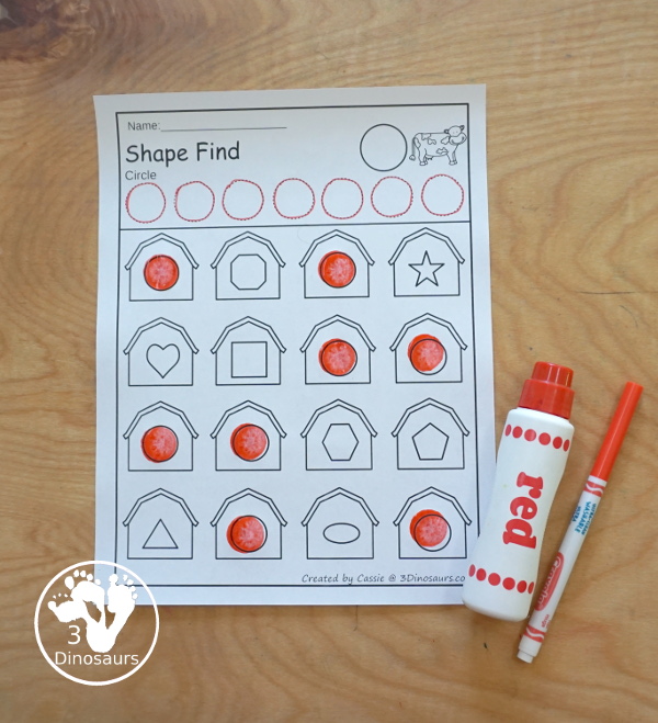 Farm Shape Find Printable with shape find on the barns with tracing for 11 shapes and shape words- 3Dinosaurs.com