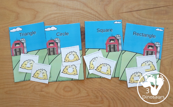 Free Farm Shape Sorting - circle, square, rectangle, and triangle with a fun farm theme. You have 4 shape sorting mats and 6 cards for each shape - 3Dinosaurs.com