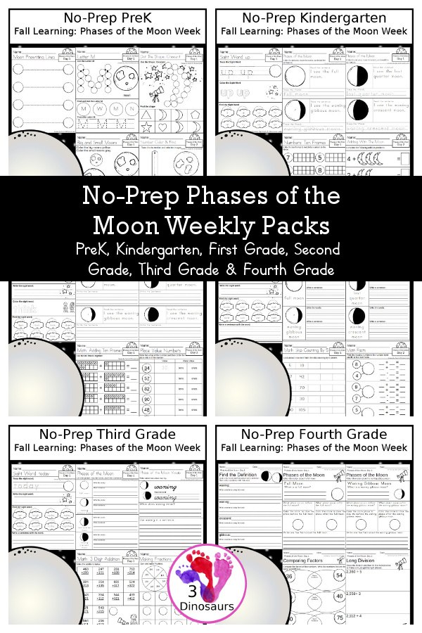 Phases of the Moon No-Prep Weekly Packs PreK, Kindergarten, First Grade, Second Grade, Third Grade & Fourth Grade with 5 days of activities to do for each grade level With loads of different moon phases - You will find a mix of math, language, and more - These are easy to use packs for phases of the moon activities, space learning, homework, early finisher, and morning work. Easy no-prep printables for kids with four pages for each day - 3Dinosaurs.com