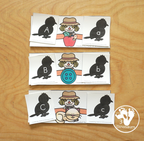 Free Scarecrow ABC Matching Printable -0 matching the beginning sound for each picture on the scarecrow with a crow that has an uppercase and lowercase letter. All 26 letters of the alphabet. - 3Dinosaurs.com
