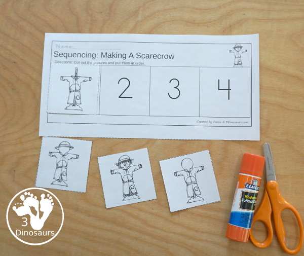Free Sequencing Mini: Build a Scarecrow Printable with clip cards, order of event cards, writing paper for order of event and a cut and paste printables for the order of events. - 3Dinosaurs.com