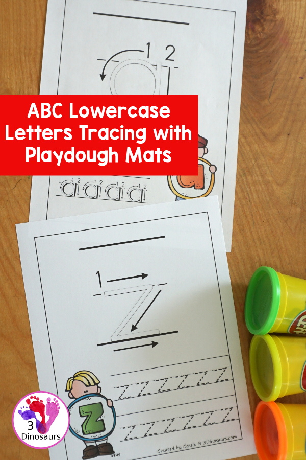 Free ABC Letter Tracing Pages Lowercase with Playdough Mats - with lowercase letters from a to z with two tracing options the letters for kids to use with guidelines for the playdough math. It has 52 pages of printables - 3Dinosaurs.com