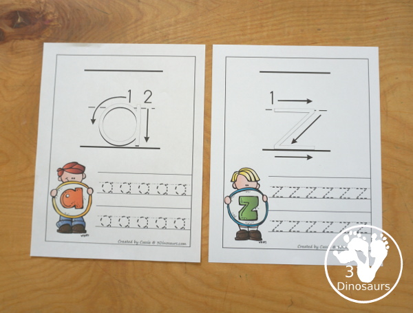 Free ABC Letter Tracing Pages Lowercase with Playdough Mats - with lowercase letters from a to z with two tracing options the letters for kids to use with guidelines for the playdough math. It has 52 pages of printables - 3Dinosaurs.com