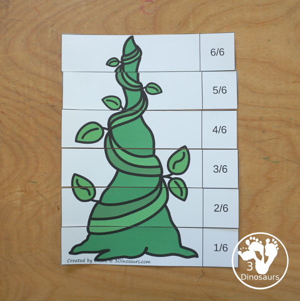 Free Beanstalk Fractions with Building Cards - You have fraction puzzles for 2, 3, 4, 5, 6, 8, and 10. You have building cards to use with the puzzles and puzzle building mat. A fun activity to make fractions and compare fractions.- 3Dinosaurs.com