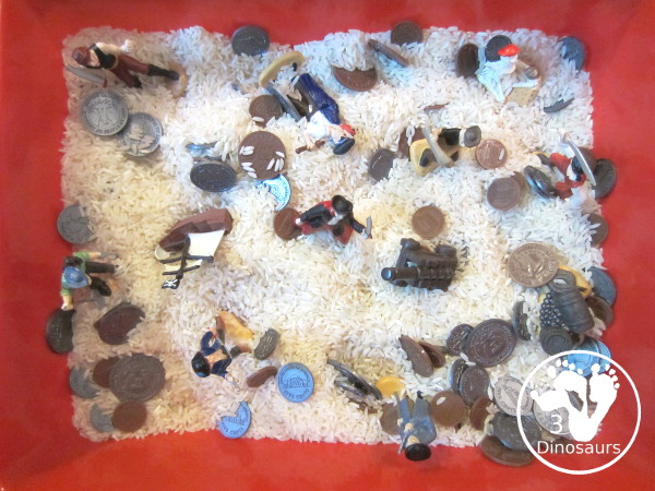 Pirate Sensory Bin - a sensory bin fill with pirate themes and coins for kids. Great for talk like a pirate day or a pirate theme- 3Dinosaurs.com