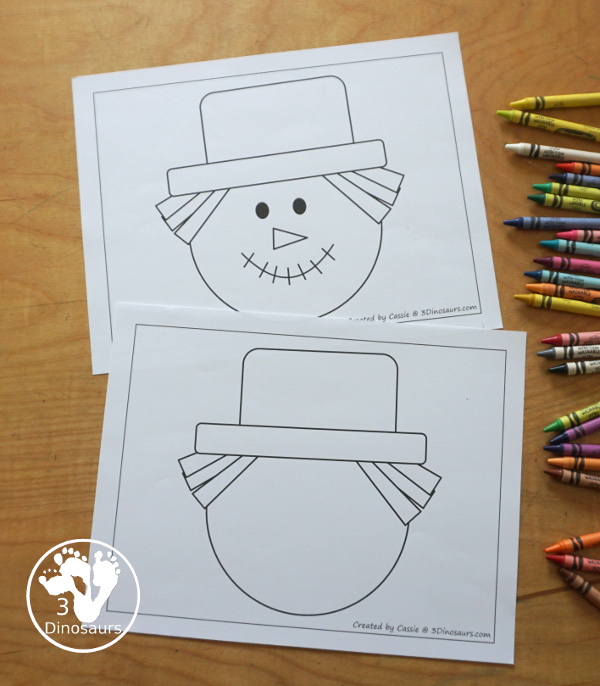 Free Scarecrow Fine Motor Mat Printables - has 5 fine motor mats  with scarecrow templates, scarecrow tracing pages, and a scarecrow dot marker page. All great fine motor activities for kids in preschool, prek and kindergarten.  3Dinosaurs.com