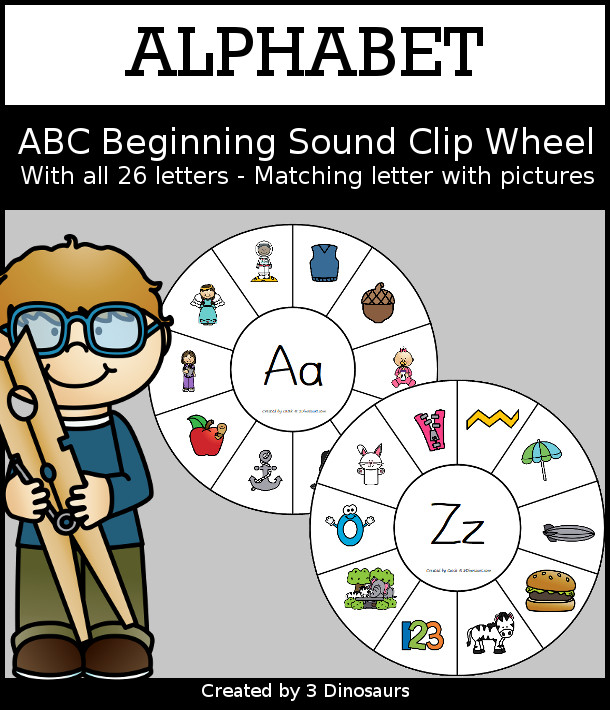 Begining Sound Clip Wheel Printable - 26 clip wheels for kids to learn their beginning ABC sounds with a clip wheel and answer bookmark - 3Dinosaurs.com