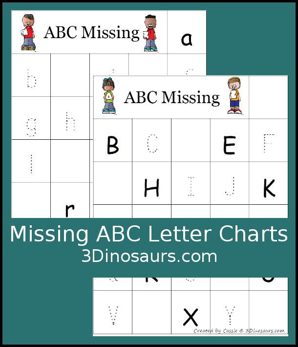 Free Missing ABC Letters Chart printables - 2 charts for uppercase and lowercase - 3Dinosaurs.com