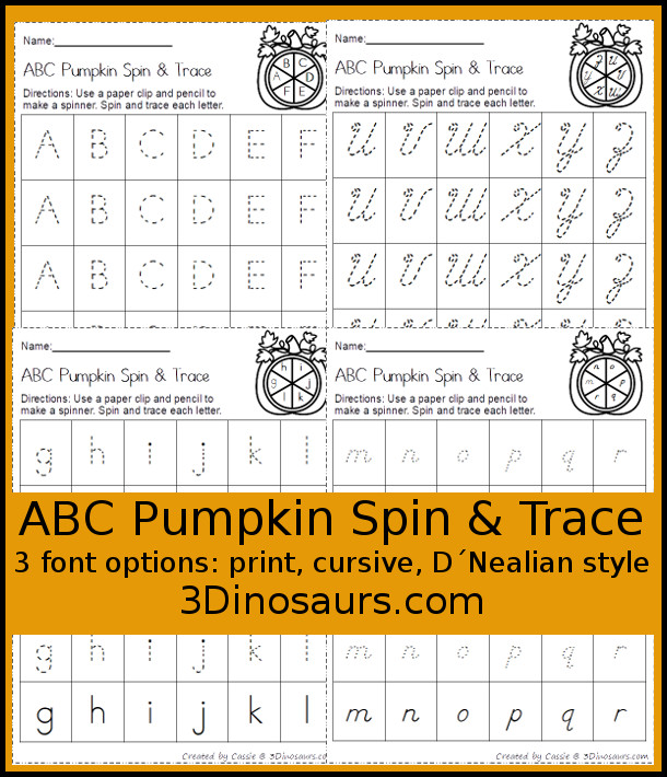 FREE ABC Pumpkin Spin & Trace uppercase or lowercase with 3 font options: print, cursive, D´Nealian style - 3Dinosaurs.com