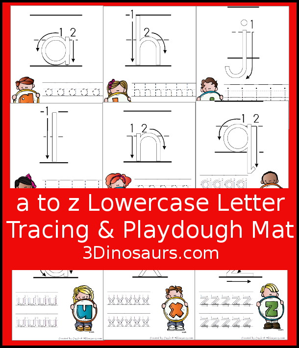 Free ABC Letter Tracing Pages Lowercase with Playdough Mats - with lowercase letters from a to z with two tracing options the letters for kids to use with guidelines for the playdough math. It has 52 pages of printables - 3Dinosaurs.com