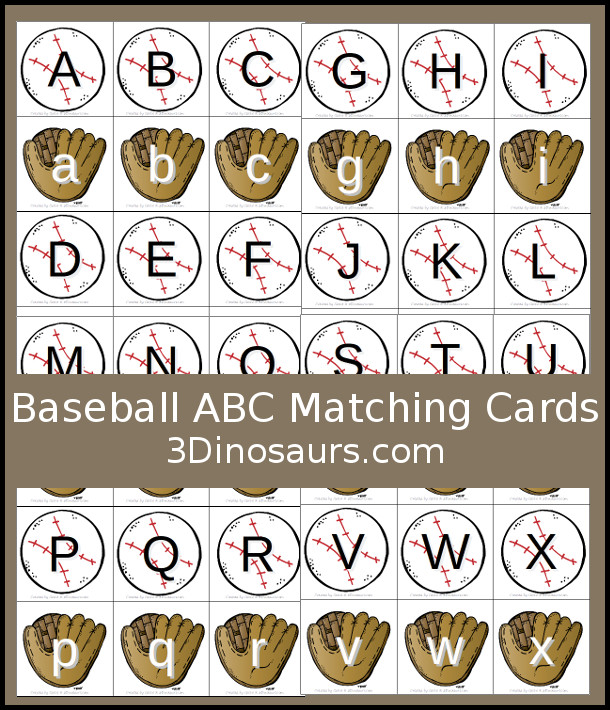 Free Hands-On Baseball ABC Matching Cards - uppercase and lowercase matching cards with a glove and ball theme - 3Dinosaurs.com