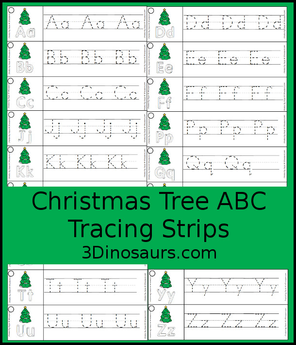 Free Christmas Tree Theme ABC Tracing Strips - with uppercase and lowercase together. You have fun kids with a Christmas Tree plus you can see an example of how to trace the letters - 3Dinosaurs.com