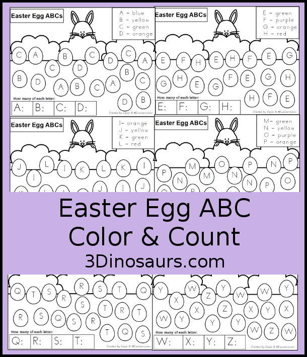 Free Easter ABC Count & Color Printable - this is a great way to work on uppercase ABCs and counting at the same time with four letters on each page and 6 pages of printables. A great no-pre printable for prek and kindergarten - 3Dinosaurs.com