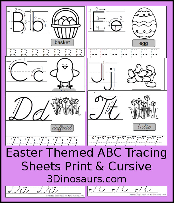 Free Easter Themed ABC Tracing Sheets In Print and Cursive - 7 Easter words in print and cursive - 3Dinosaurs.com #freeprintable #abcsforkids #easterprintables