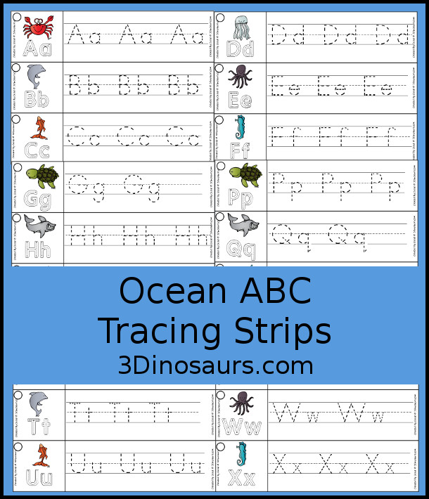 Free Ocean Animal ABC Tracing Strips - with uppercase and lowercase together. You have fun kids with a ocean animal plus you can see an example of how to trace the letters - 3Dinosaurs.com