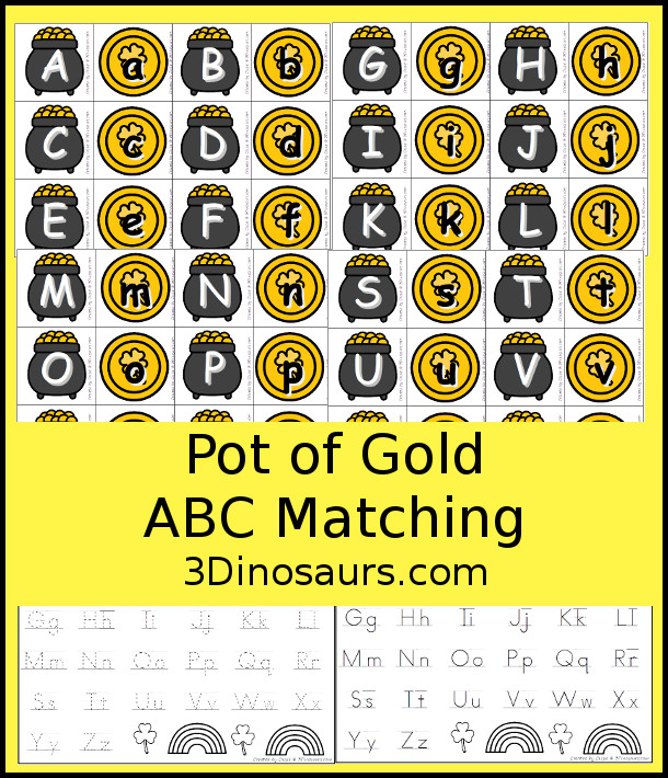 Free St. Patrick's Day Pot of Gold Themed ABC Matching - matching for uppercase pot of gold with lowercase gold coin with ABC tracing and ABC covering sheet - 3Dinosaurs.com